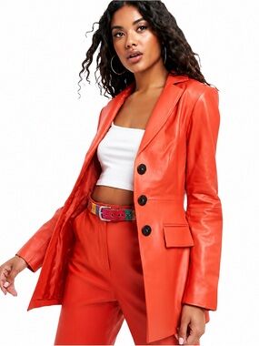 ASOS Premium Red Genuine Leather Blazer Jacket Size 14 EU 46 Statement
